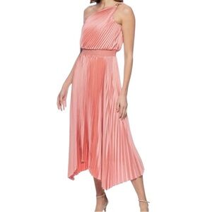 NWT MARINA Medium Asymmetrical Hem Coral Pleated One Shoulder Midi Dress Formal
